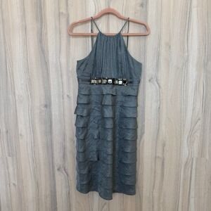 adrianna papell sequin one shoulder illusion sleeve blouson dress Adrianna Papell Womens Sequined One Shoulder Formal Dress Blue 4